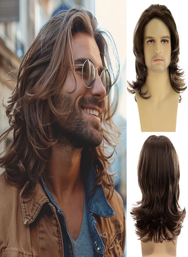 Dsimeig Long Wavy Brown Wigs for Men Natural Layered Rocker Style Cosplay Hair Wig - Image 1